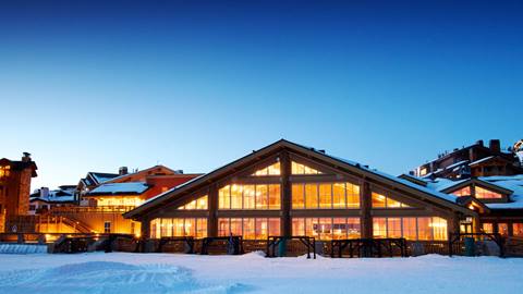 Snowy exterior of Silver Lake Lodge