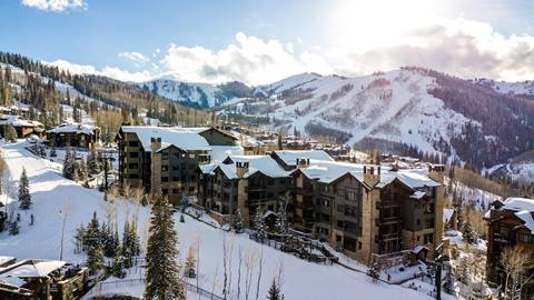 Aerial view of Arrowleaf Lodge in the winter