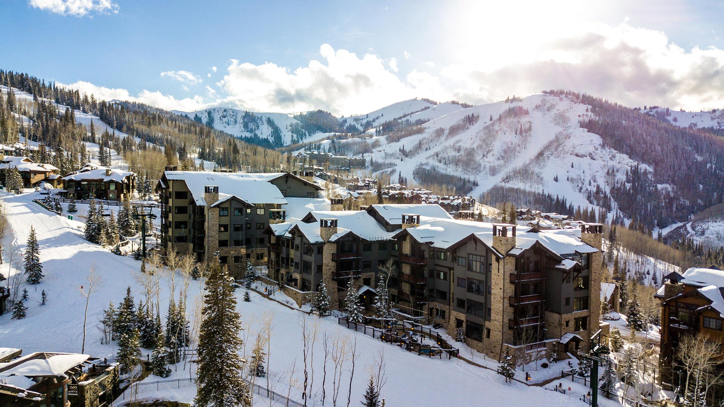 Aerial view of Arrowleaf Lodge in the winter