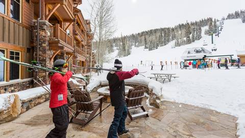Guests walking out of Grand Lodge to Northside Express Chairlift